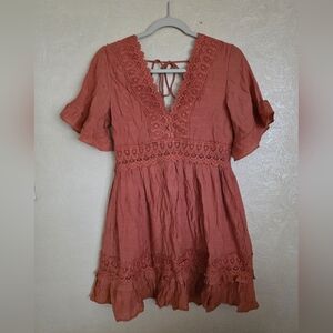 Wishlist Apparel Crochet-Trim Rust Mini Dress with V-Neck and Tie Back